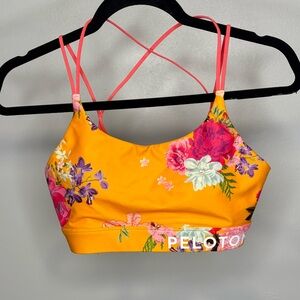 Peloton Yellow Floral Strappy Sports Bra with Pink Accents